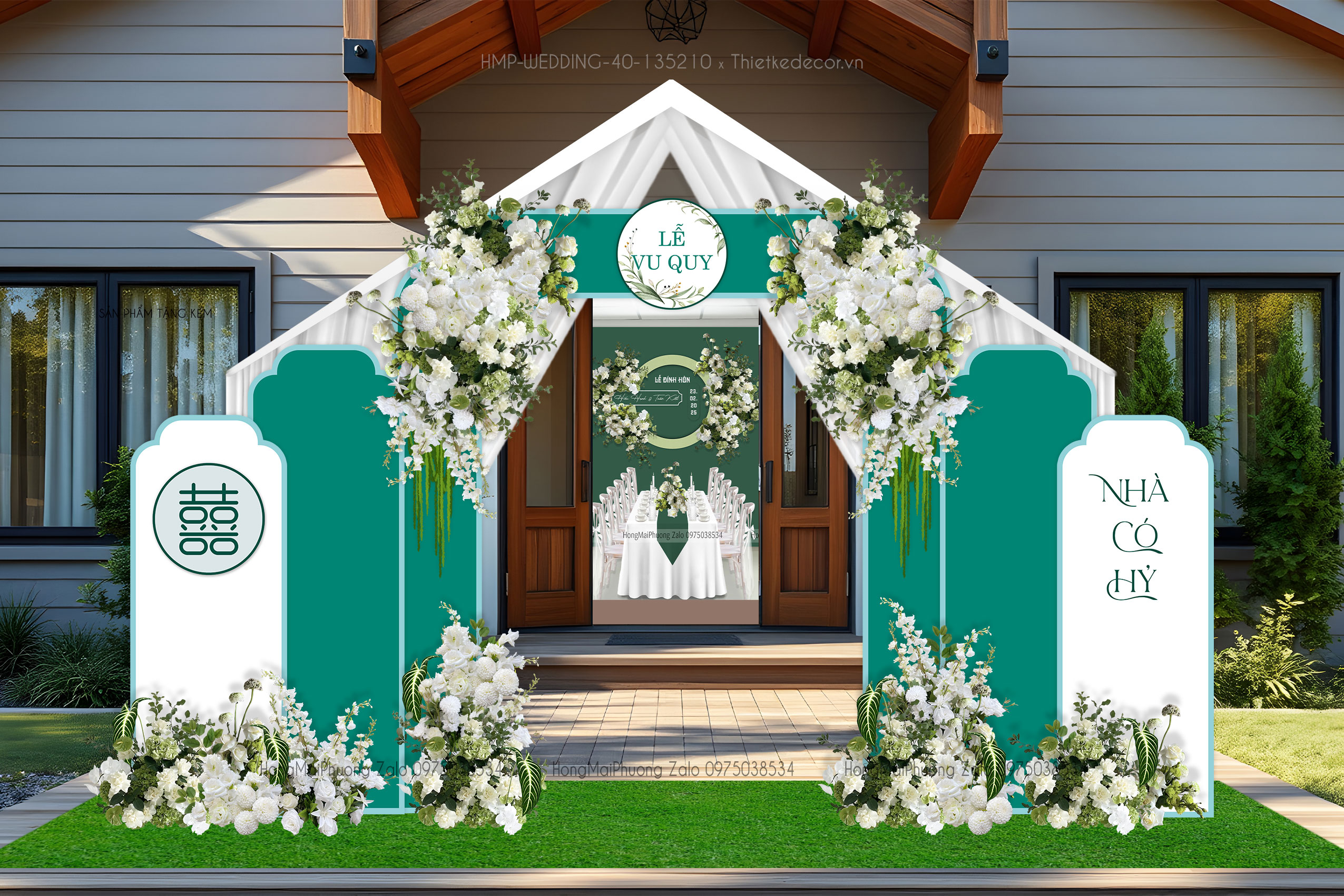 Cổng cưới lễ vu quy tone xanh lá phối trắng nhà có hỷ